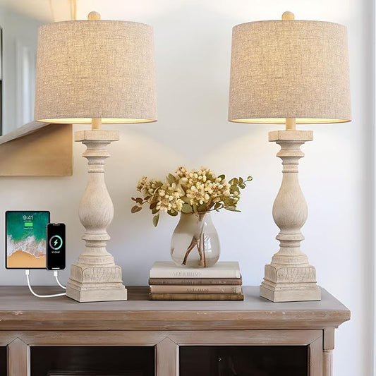 BOBOMOMO set of 2 washed white resin table lamps with beige fabric shades and USB charging