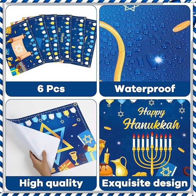 Package showing 6 blue Hanukkah plastic placemats, waterproof design with icons