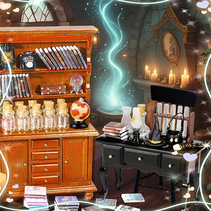 Witchy dollhouse miniature bookcase and potion station with glowing potion bottles