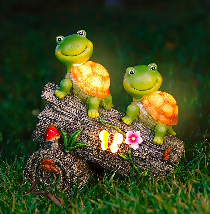 Solar Turtle Garden Statue with 4 LED Lights - Resin Outdoor Decor with Frog Face Design