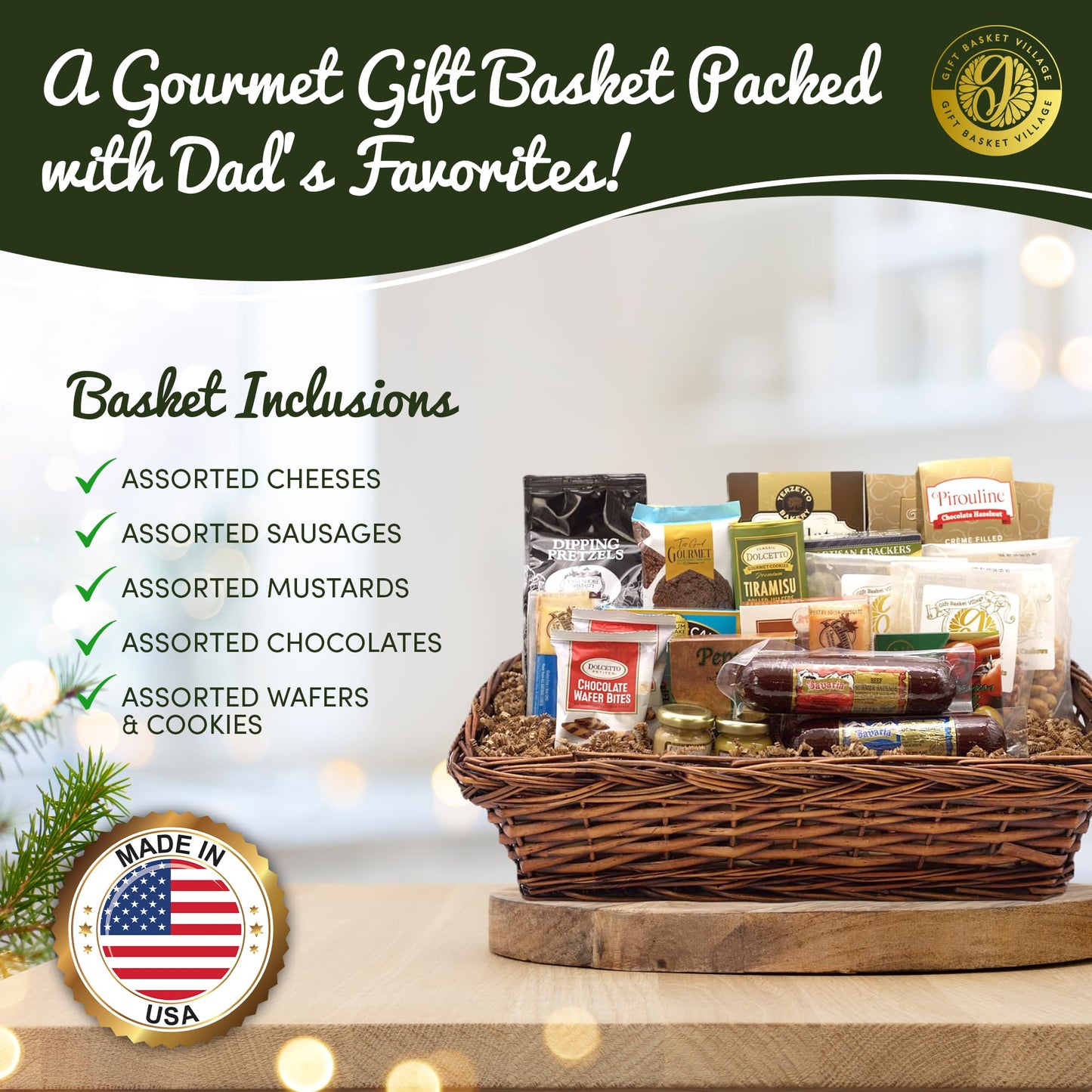 Gourmet gift basket in wicker tray with assorted cheeses, sausages, chocolates, and cookies