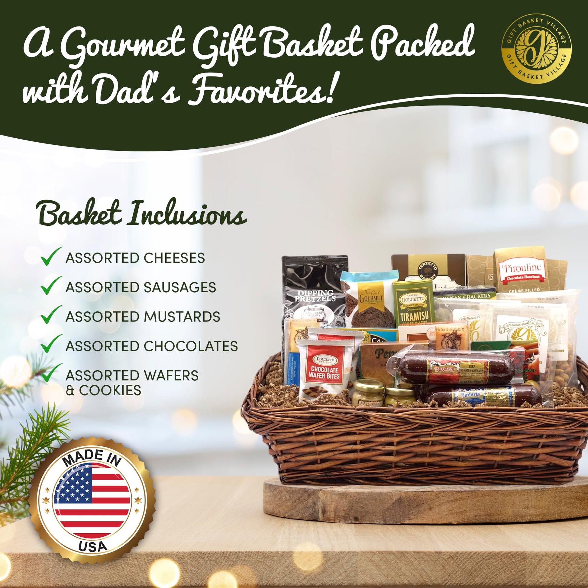 Gourmet gift basket in wicker tray with assorted cheeses, sausages, chocolates, and cookies