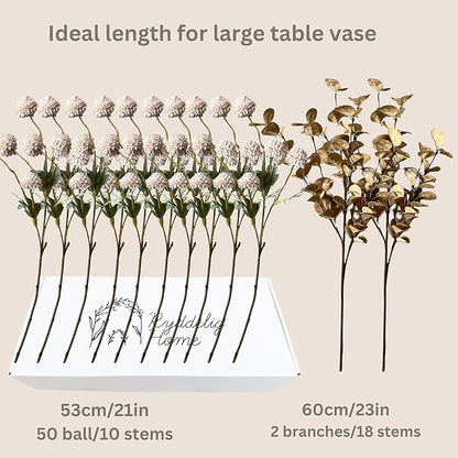 Beige faux flower stems set with gold eucalyptus branches, 10 stems
