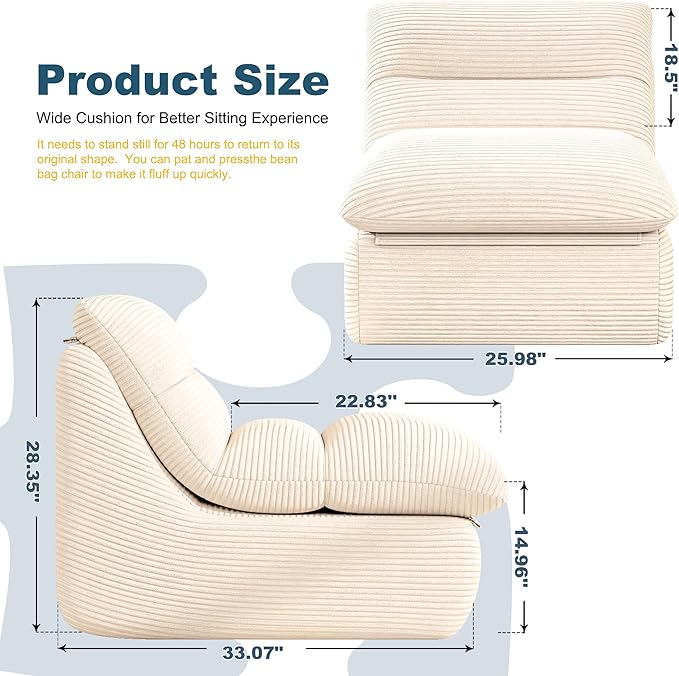 Cream Corduroy Ergonomic Floor Lounge Chair - Structured Memory Foam Seat with Lumbar Support for Nursing, Reading, and Modern Interiors