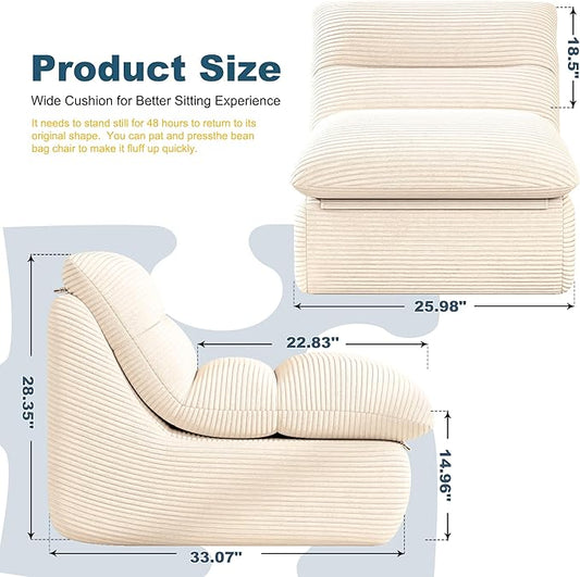Cream Corduroy Ergonomic Floor Lounge Chair - Structured Memory Foam Seat with Lumbar Support for Nursing, Reading, and Modern Interiors