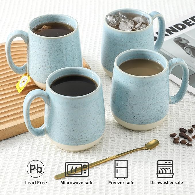 Light Blue Porcelain Coffee Mugs – Set of 4 | 15oz Tranquil Latte Cups | Mother’s Day Gift | Dishwasher & Microwave Safe
