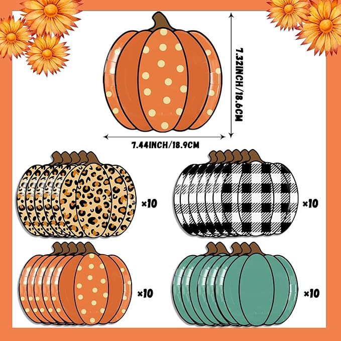 Pumpkin-shaped paper party plate set, leopard, orange polka, teal, and black plaid