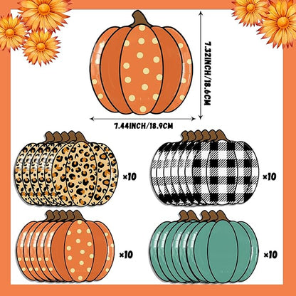 Pumpkin-shaped paper party plate set, leopard, orange polka, teal, and black plaid