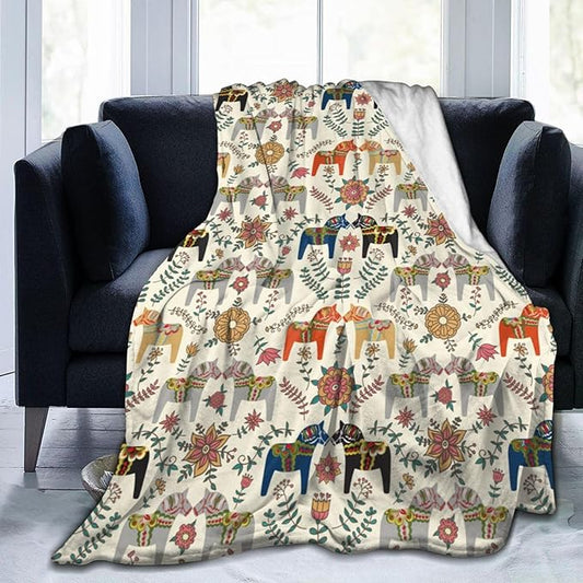 Swedish Dala Horses Fleece Throw Blanket – 80"x60" | Scandinavian Folk Art Design | Soft Blanket for Adults, Couples & Nordic Home Decor