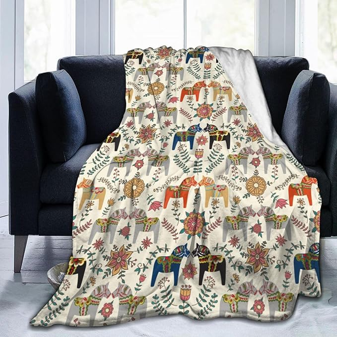 Swedish Dala Horses Fleece Throw Blanket – 60"x50" | Scandinavian Folk Art Design | Soft Blanket for Teens, Girls & Boys