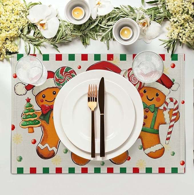 Christmas gingerbread placemat with three gingerbread figures and plaid red-green border