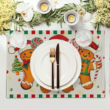 Christmas gingerbread placemat with three gingerbread figures and plaid red-green border
