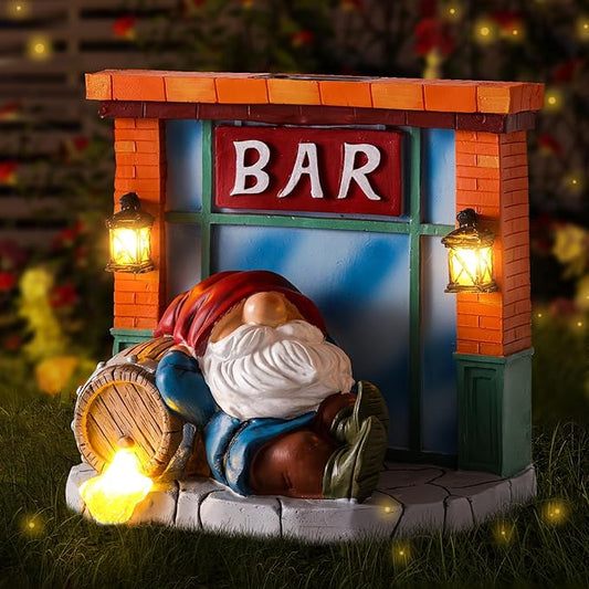 Solar garden gnome light with BAR sign, glowing lanterns, and gnome holding a barrel