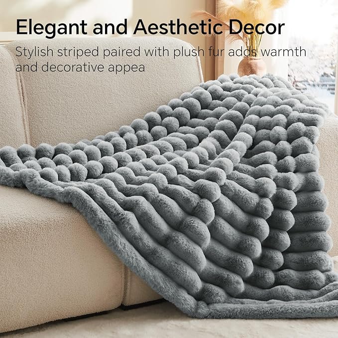 Grey Faux Rabbit Fur Throw Blanket – 60"x80" | 770GSM Double-Sided Luxury Fluffy Blanket | 3D Striped Plush Throw for Two
