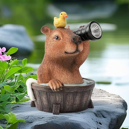 Capybara Solar Garden Statue with Duck and Flashlight - Funny Resin LED Outdoor Decor