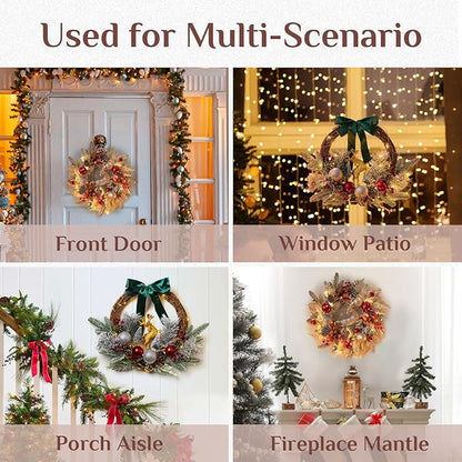 Decorated Christmas wreath with teal bow, gold reindeer, red baubles, and warm string lights