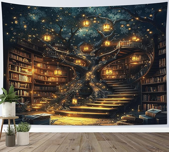 Fantasy Library Bookshelf Tapestry – 70.9"x92.5" Extra Large | HD Print Fairytale Magic Bookshelf | Retro Vintage Feature Wall Hanging for Bedroom Living Room & Classroom
