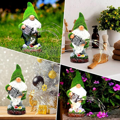 Solar garden gnome statue with green hat and white beard, watering can with light strands