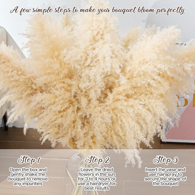 Natural beige dried pampas grass stems bouquet spread on floor, feathery plumes