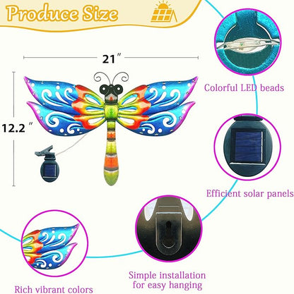 Colorful metal dragonfly wall decor with multicolor LED beads and solar panel