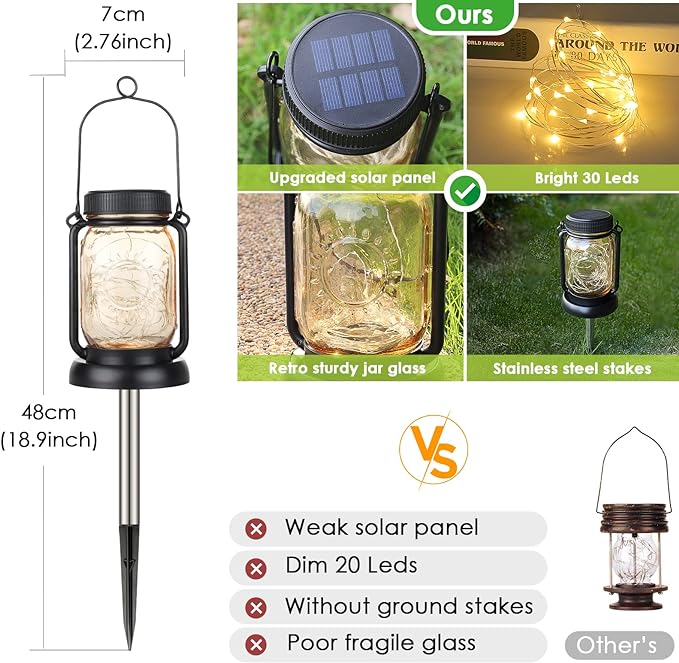 Solar hanging jar lantern with clear glass, black metal base, and solar panel illustration