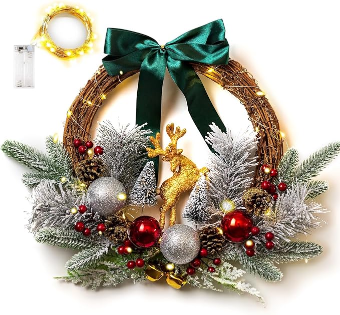 Lighted flocked Christmas wreath with teal bow, gold reindeer, and red and silver ornaments