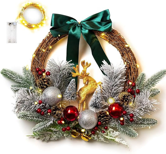 Lighted flocked Christmas wreath with teal bow, gold reindeer, and red and silver ornaments