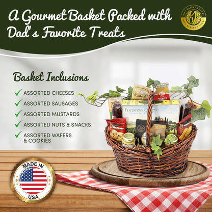 Wicker snack basket with assorted packaged treats, crackers, cheese, and nuts