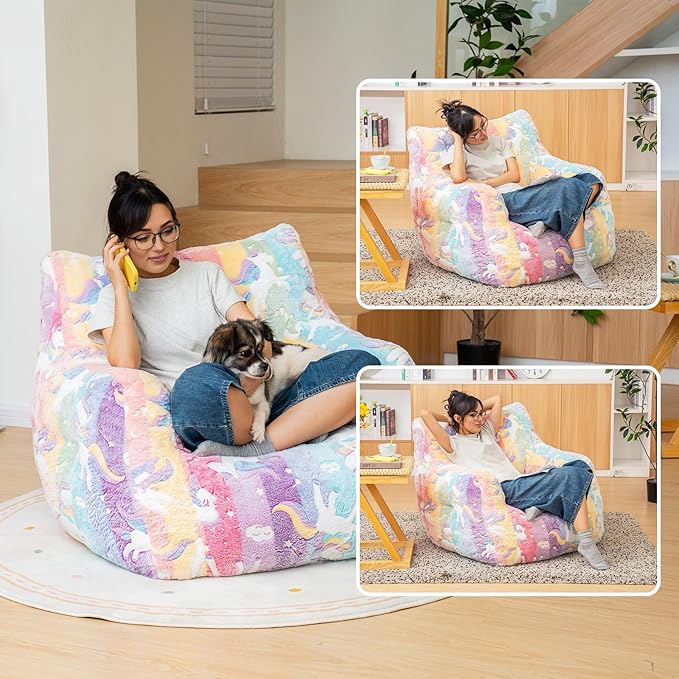 Rainbow Unicorn Bean Bag Armchair - Pastel Cloud Print Memory Foam Chair with Washable Cover for Kids Room, Reading, and Magical Family Moments