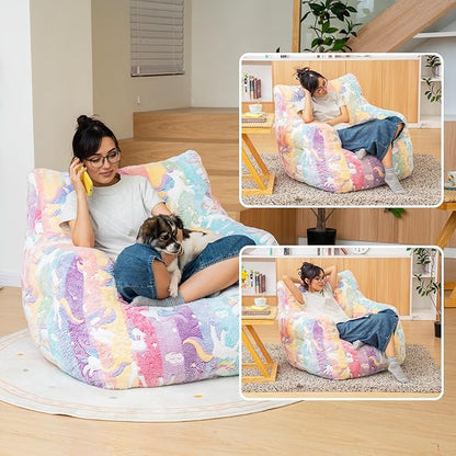 Rainbow Unicorn Bean Bag Armchair - Pastel Cloud Print Memory Foam Chair with Washable Cover for Kids Room, Reading, and Magical Family Moments