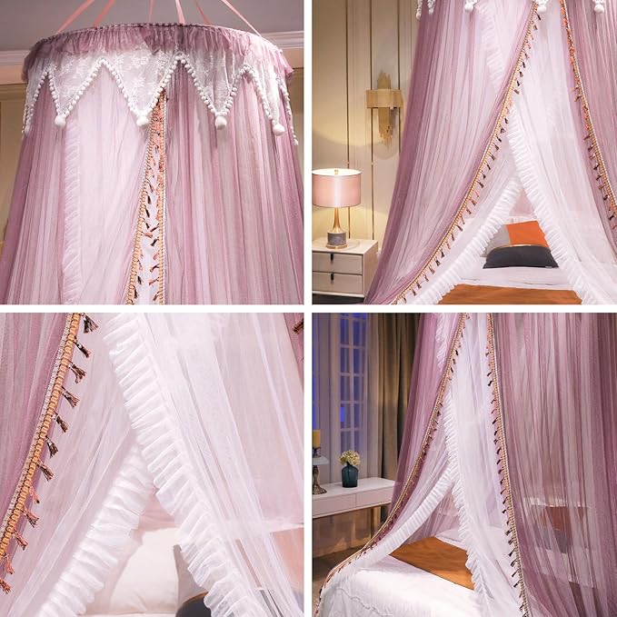 Princess Bed Canopy with Star String Lights – Double-Layer Round Lace | Fits All Bed Sizes | Girls & Adults Fairy Tale Bedroom Canopy