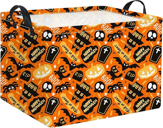 Orange Halloween rectangular basket with black spider pattern and two carrying handles