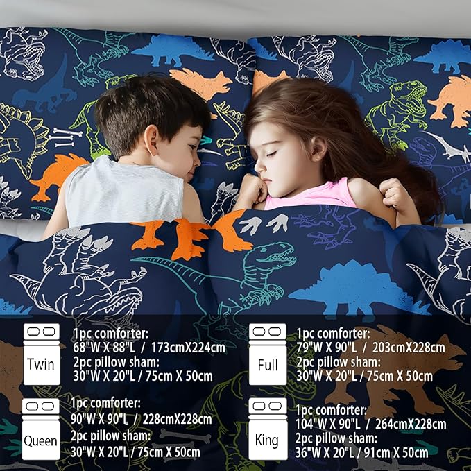 Kids dinosaur comforter set size chart graphic over blue allover dino fabric.