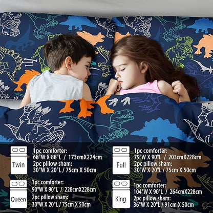 Kids dinosaur comforter set size chart graphic over blue allover dino fabric.
