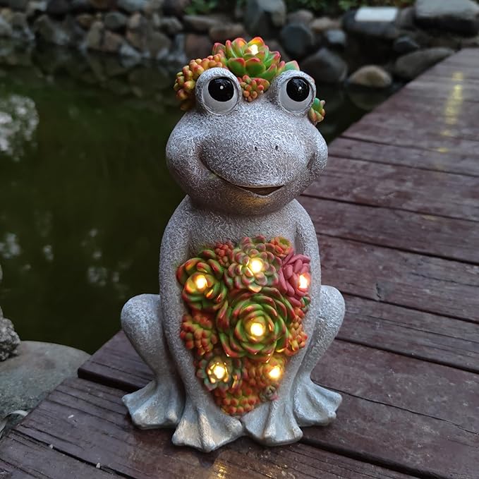 Large Frog Solar Garden Light with Succulents - Hand-Painted Resin Figurine with 8 Warm White LEDs for Lawn, Patio, Yard, and Balcony