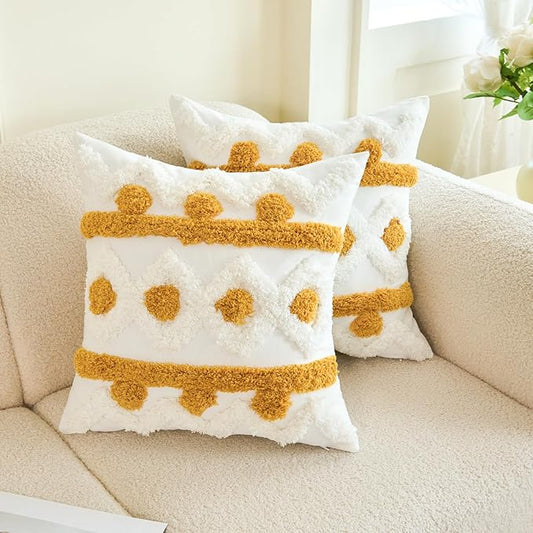 White 18x18 pillow cover with gold tufted boho pattern and scalloped border