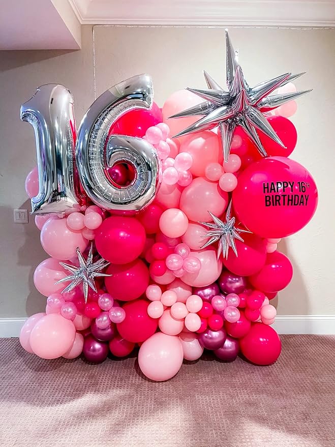 Hot Pink Balloon Garland Kit – 130pcs | 4 Sizes 5" 10" 12" 18" Natural Latex | Bold Birthday Valentine's Day Bachelorette Party Decorations