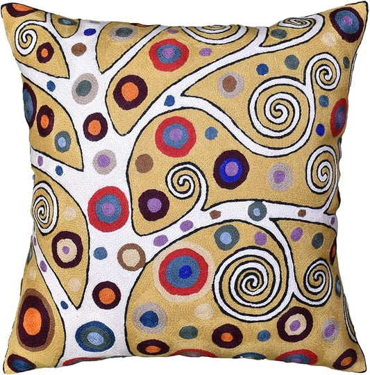 Decorative embroidered pillow cover in yellow with multicolor circular swirl pattern