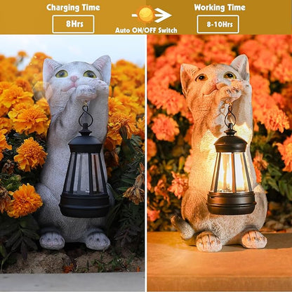 British Shorthair Cat Solar Garden Statue with Lantern - Weather-Resistant Resin Decor