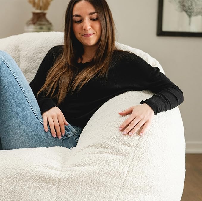 Ivory White Boucle Cloudberry Cocoon Bean Bag Chair - Giant Structured Round Lounge Chair for Nursery, Reading Corner, and Any Interior Ready for One Extraordinary Seat