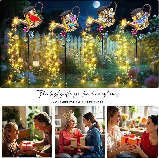 Multi-pack solar watering can stake lights with colorful dragonflies, warm yellow glow