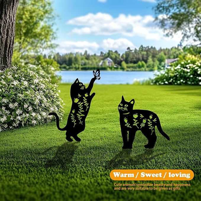 Black Cat Metal Garden Stakes Set of 4 - Weather-Resistant Silhouette Yard Decor for Lawns, Patios, Flower Beds, and Cat Lovers