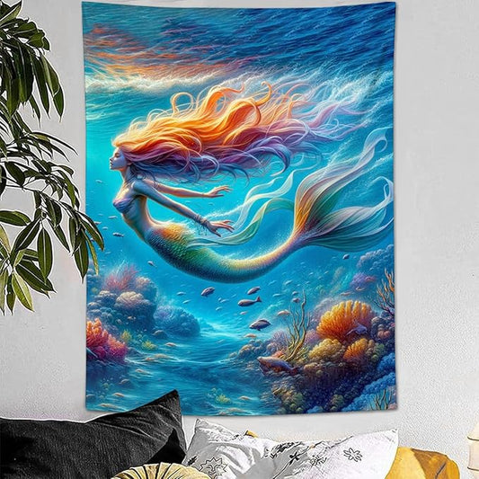 Ocean Mermaid Tapestry – 40" x 60" Portrait Coastal Wall Hanging | Indoor Outdoor | Bedspread Tablecloth Curtain Picnic Blanket | Girls Bedroom Dorm Home Decor