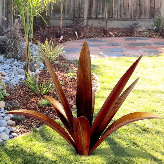 Metal Agave Garden Sculpture - 9-Leaf Rustic Botanical Indoor and Outdoor Decor