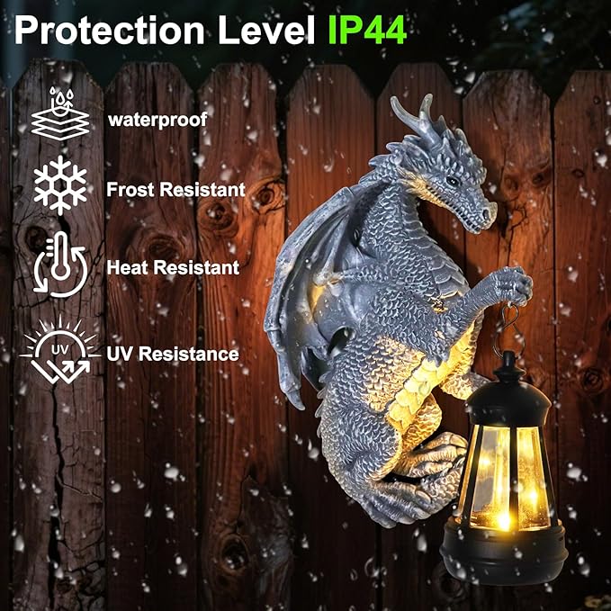 Gray dragon tree-hugger statue with solar lantern, IP44 waterproof outdoor use