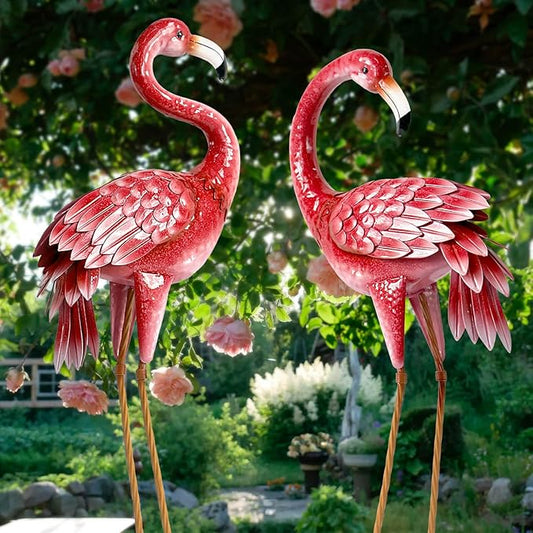 2-Pack Large Metal Flamingo Garden Statues - Weather-Resistant Bird Yard Art