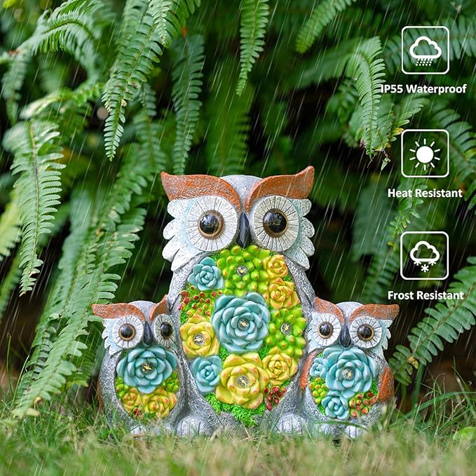 Solar Owl Garden Statue with Succulent LED Lights - IP65 Resin Outdoor Decor