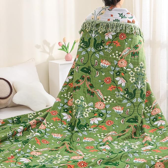Light Green Squirrel Print Boho Cotton King Blanket – 90"x98" | 4-Layer Breathable 100% Cotton | OEKO-TEX GOTS GRS Certified Farmhouse Throw