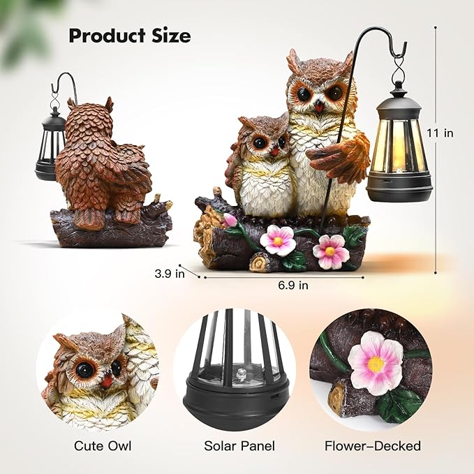 Owl Family Solar Garden Statue with LED Lantern - IP65 Resin Decor