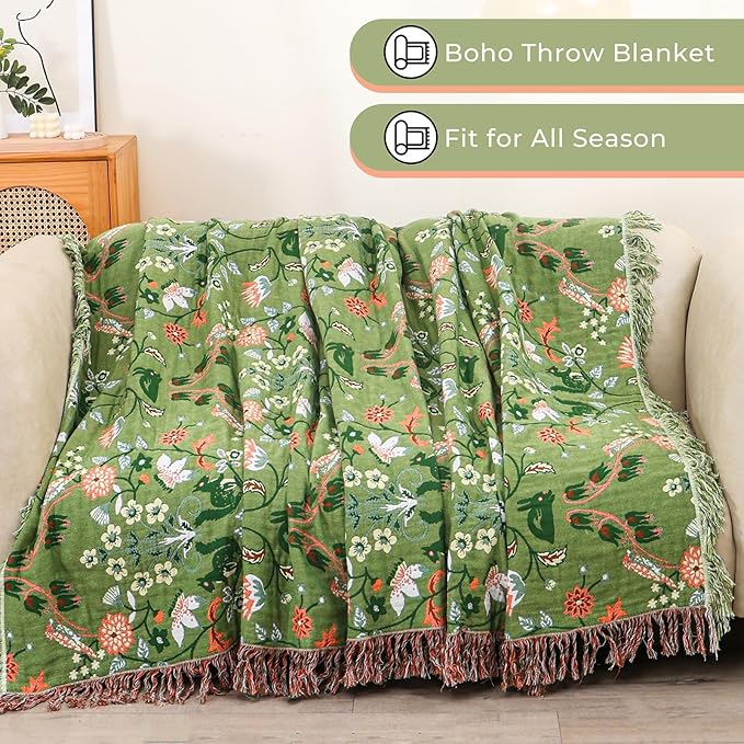 Light Green Squirrel Print Boho Cotton King Blanket – 90"x98" | 4-Layer Breathable 100% Cotton | OEKO-TEX GOTS GRS Certified Farmhouse Throw